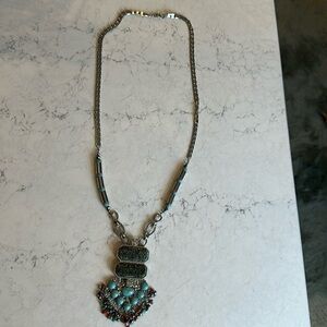 Unbranded long silver tone with turquoise/brown/green stone costume necklace
